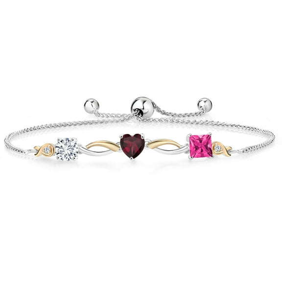 Gem Stone King 925 Silver and 10K Yellow Gold Red Rhodolite Garnet Pink Mystic Topaz and Lab Grown Diamond Tennis Bracelet for Women By Keren Hanan (2.02 cttw, Adjustable up To 9 inch)