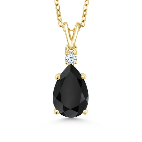 Gem Stone King 18K Yellow Gold Plated Silver Black Onyx and White Zirconia Pendant Necklace for Women | 2.82 Cttw | Pear Shape 12X8MM | with 18 inch Silver Chain