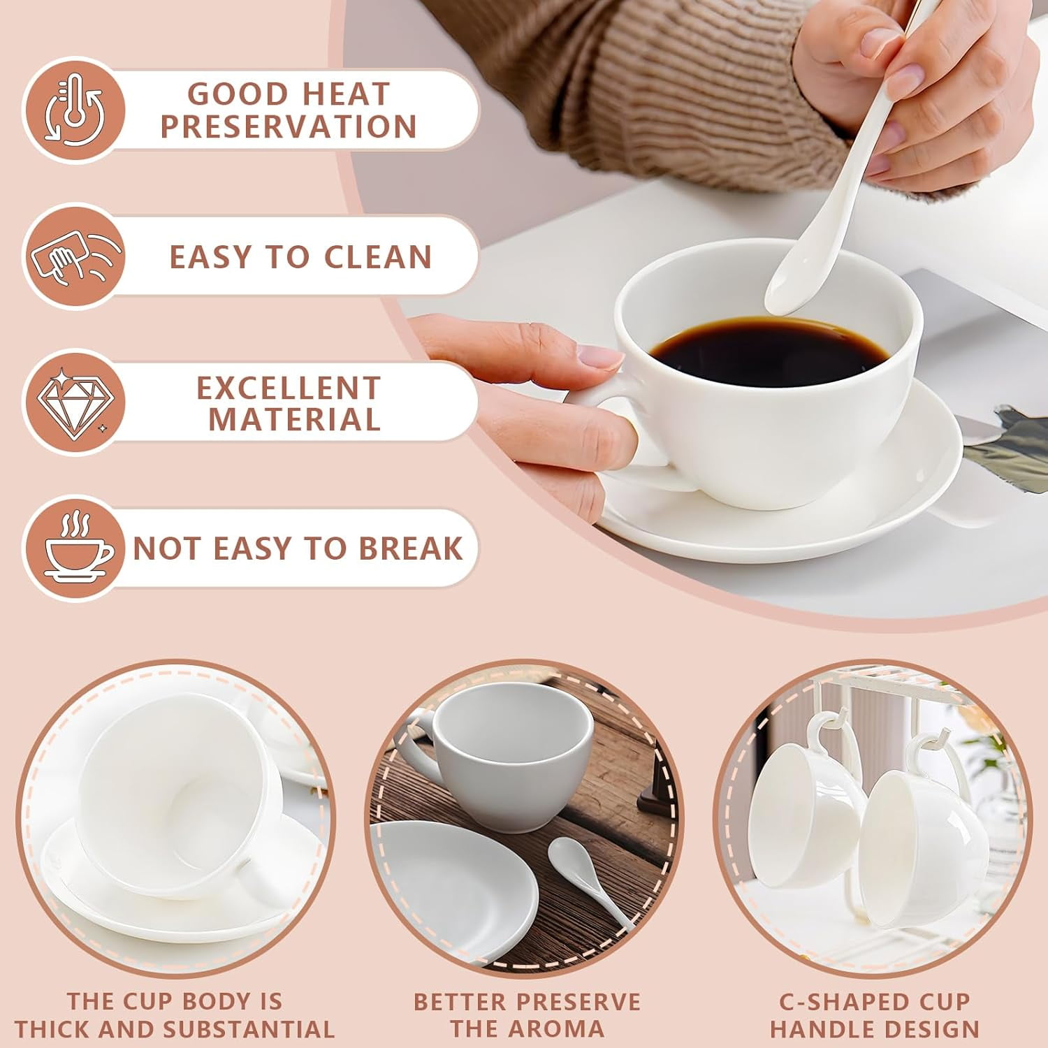 Espresso Cups Set of 4, Ceramic Coffee Cups, 3.5 oz Coffee Mugs, White Demitasse Cup for Home, Office, Restaurant (3.5 oz, set of 4)