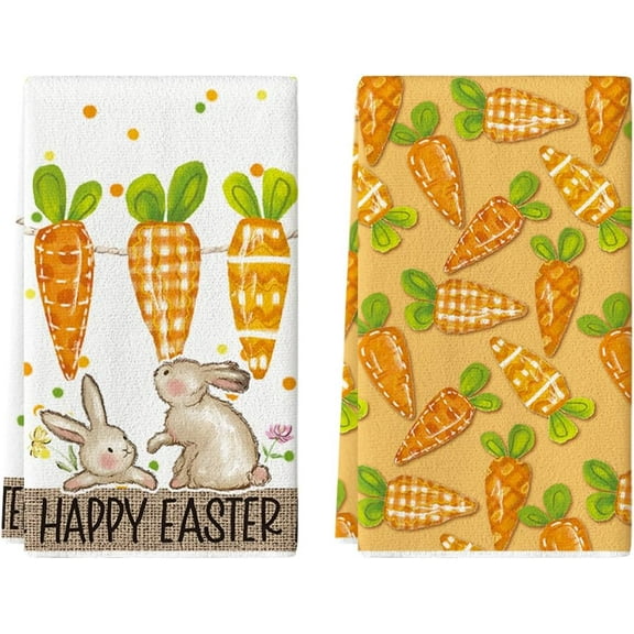 Orange Carrots Bunny Happy Easter Kitchen Towels Dish Towels, 18x26 Inch Spring Farmhouse Rabbit Decoration Hand Towels Set of 2