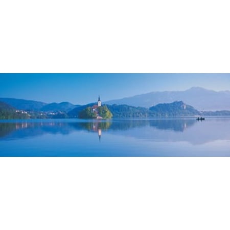 Reflection of mountains and buildings in water Lake Bled Slovenia Canvas Art - Panoramic Images (36 x 13)