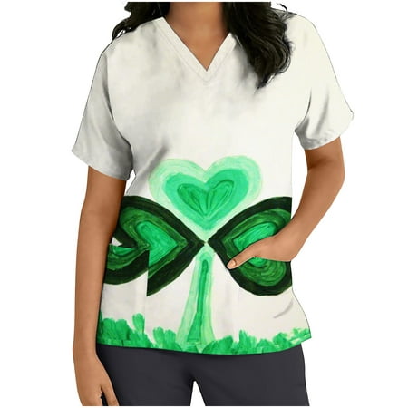 

PEONAVET St. Patrick s Day Scrub Tops Women Tops Short Sleeve V-neck Tops Working Uniform St. Patrick Print with Pocket Blouse - Savings Clearance