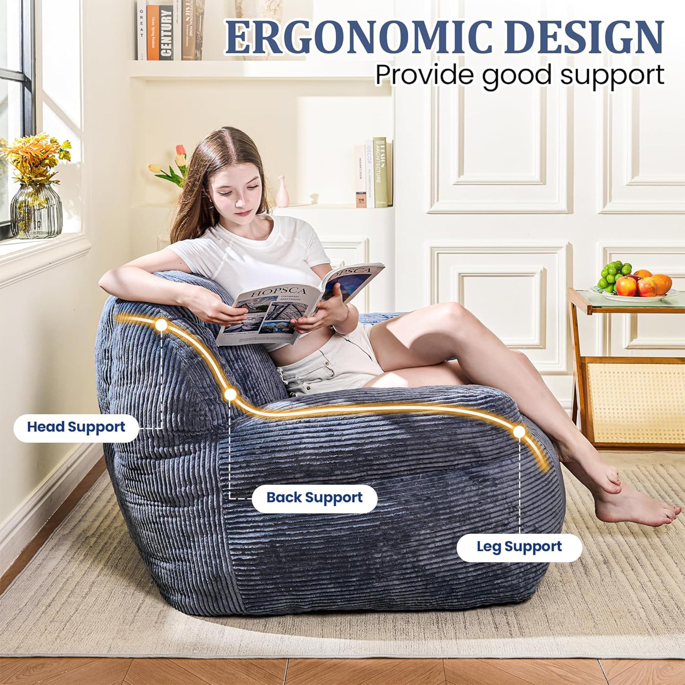 LinkRomat 46" Giant Bean Bag Chair Sofa for Adults, Faux Fur Fluffy Sofa with High-Density Memory Foam, Grey Comfy Bean Bag Couch for Lounging, Reading