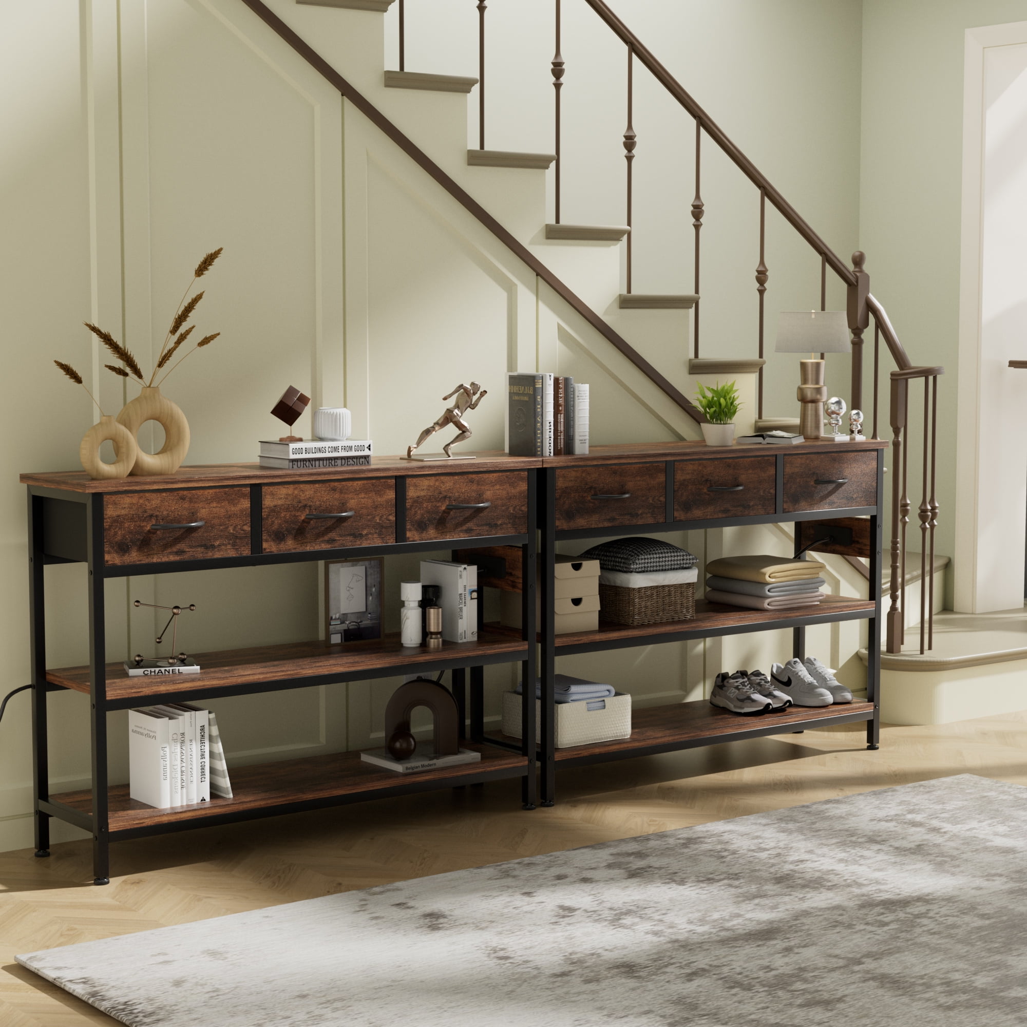Aufeile 43" Narrow Console Table, Entryway Table with 3 Drawers and Outlets, Fabirc Sofa Table with Open Shelves for Couch, Hallway, Foyer, Living Room, Brown