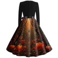 thumbnail image 5 of Women's Halloween Dress Bat Cocktail Square Neckline Fashion Swing Dress Candy Hepburn Long Sleeve Casual Dresses with Belt M, 5 of 5