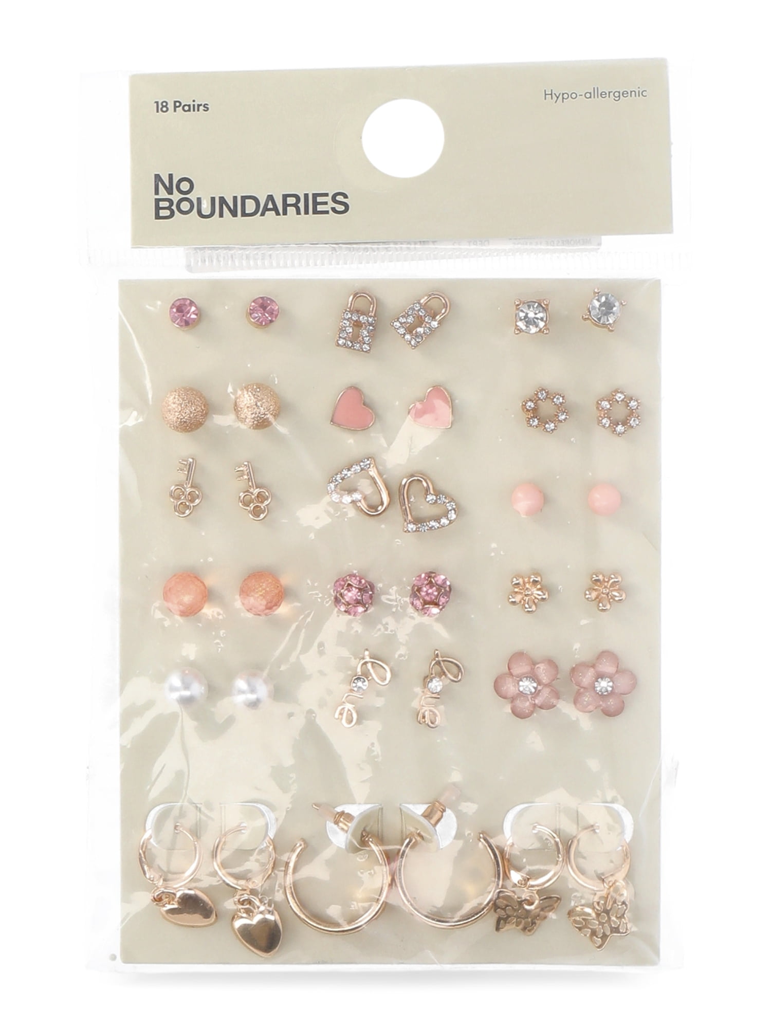 No Boundaries Hearts, Flowers and Butterfly Earrings Set, 18-Pairs, Women’s