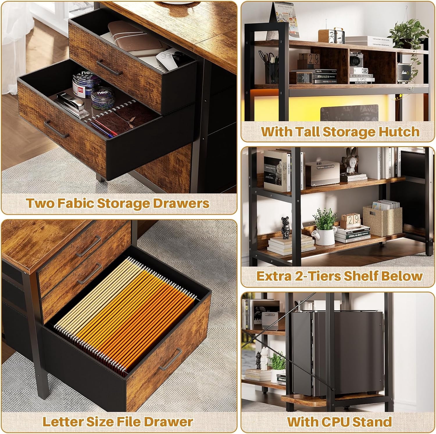 iSunirm L Shaped Gaming Desk with Storage, Computer Gaming Desk with LED Lights & Hutch, Reversible Computer Desk with Power Outlet, Corner Desk with Drawers, Shelves for Home, Rustic Brown