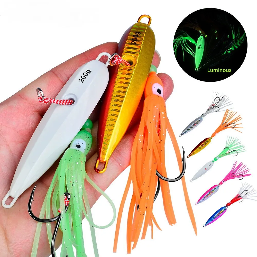 5pcs Saltwater Sea Fishing Lure Slow Metal Jig Luminous Squid Hook Sinking Saltwater Spinning Fishing For Marlin Snapper Grouper