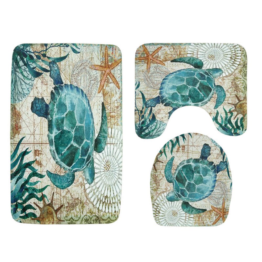 3PCs Bathroom Rug Set Teal Home Wall Art Decor Ocean Theme