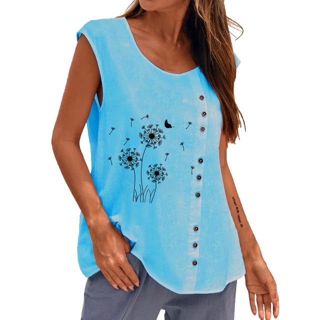 Mujer Verano Casual Sin mangas Botón Chaleco Cuello redondo Blusa suelta Active Top Mujer Fridja gh2384