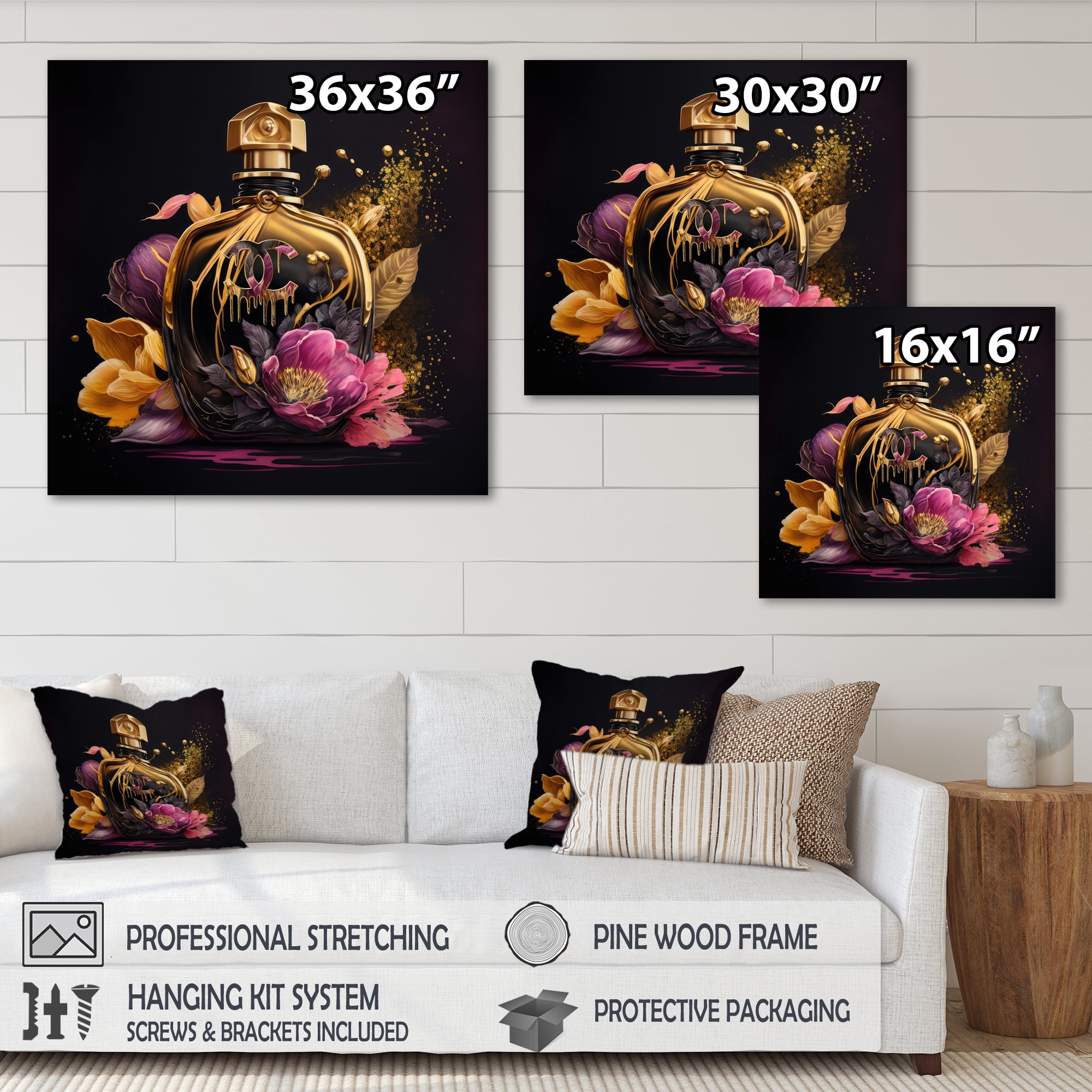 Designart Chic Black And Gold Perfume Bottle III Canvas Wall Art