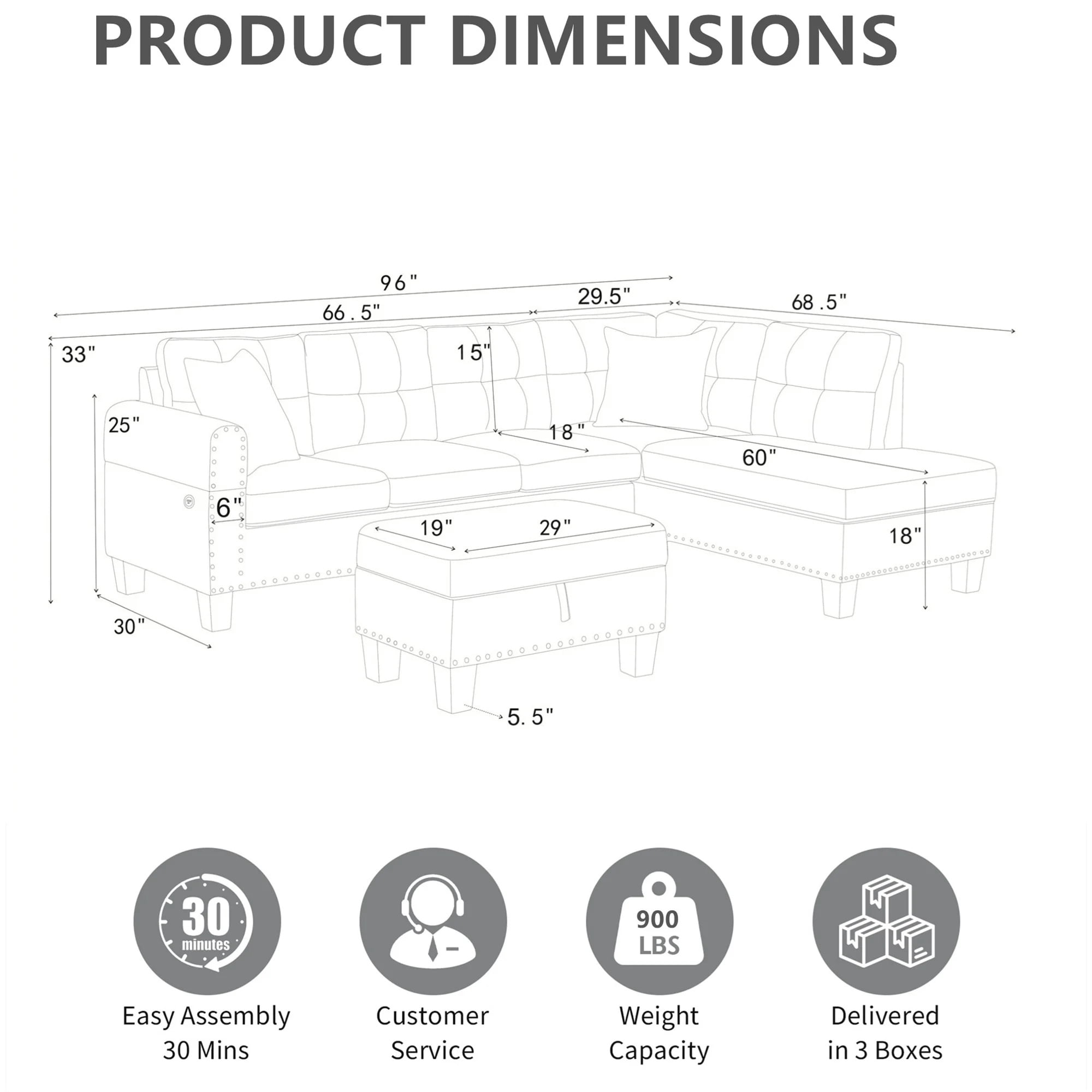 Aukfa 3 Piece Sectional Sofa Couch with Cupholder USB & Storage Ottoman for Living Room, Linen, Right Chaise, Gray
