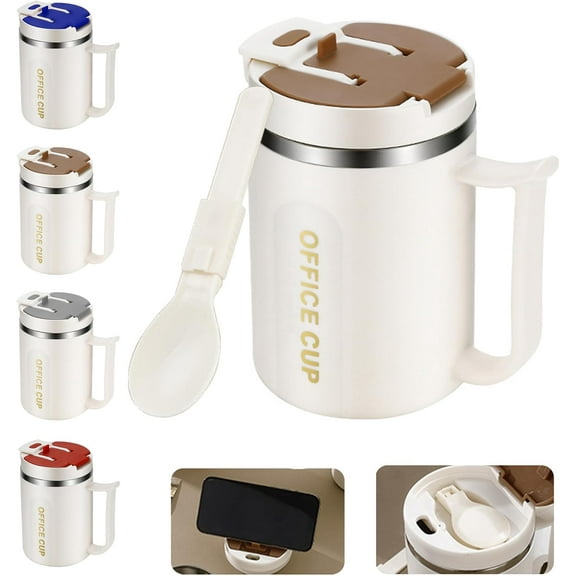 500ml Insulated Stainless Steel Coffee Mug with Lid and Handle, Folding Spoon Inside The Lid, Splash-Free Multifunctional Coffee Mug for Devices for Coffee, Beverages and Juices