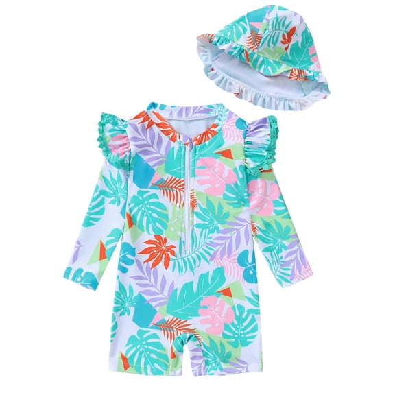 KIMI BEAR 9 Months Newborn Baby Girls One-piece Swimsuit 12 Months Swimwear Full Zipper UPF 50 Sun Protection Leaves Bathing Suits Beach Wear with Hat Rash Guard Green