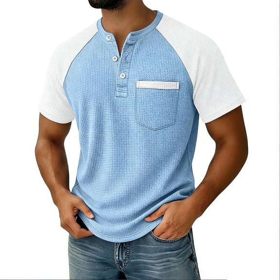 Lenpel Men's T-Shirts Short Sleeve Crew Neck Quarter Button Color Block Textured Knit Tees Casual Tee Tops with Pocket