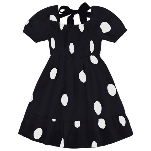 MHZLDYZ Girls Summer Dresses Size 14-16 Girls' Clothes Big Children's Dress Short Sleeved Square Neck Dress Polka Dot Dress Summer Dress Dresses for Teen Girls Girls Spring Dress(Black,120)
