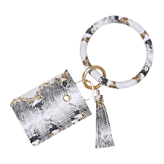 Hemoton PU Leather Snake Grain Big Circle Ring Hanging Keychain with Flap Coin Purse Mini Cards Container Wallet (White)