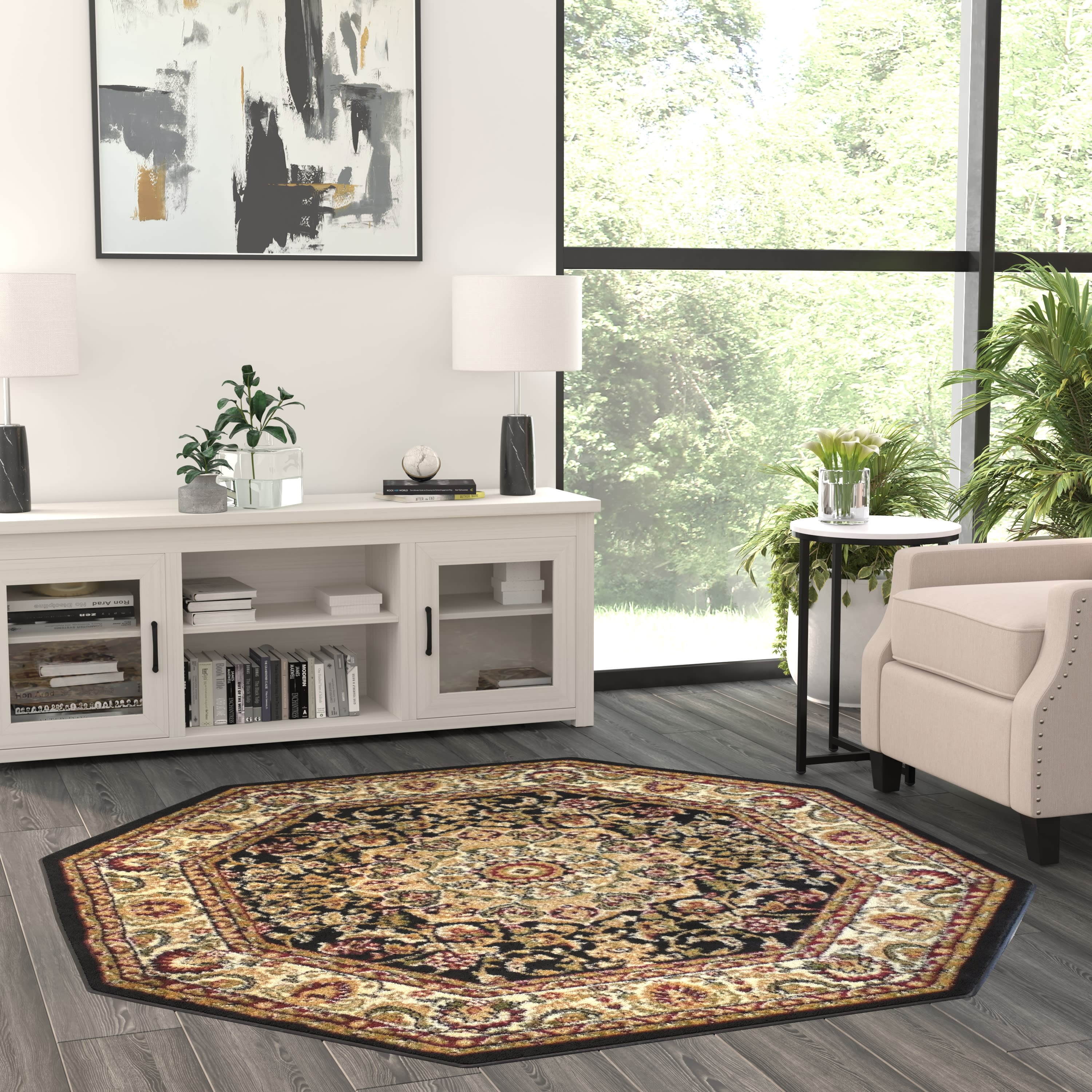 BizChair Traditional Octagon Area Rug Design Bellagio 401 Black (5 Feet