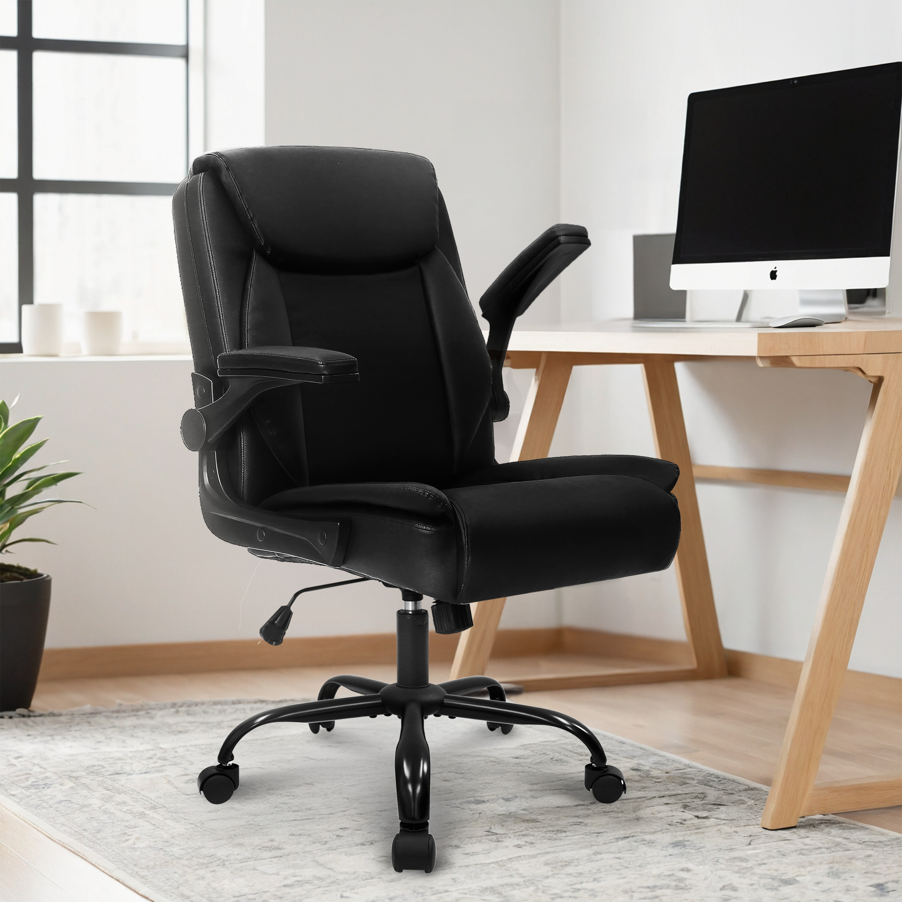 NEO CHAIR Desk Office Gaming Computer Chair Ergonomic Executive Mid-Back Leather with Adjustable Padded Flip-Up Armrests Cushion Wheels Swivel for Home Study Task (All Black)