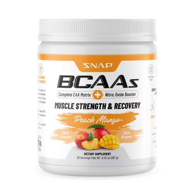 suplemento energético de aminoácidos esenciales bcaa powder snap watermelo tarro frontal con etiqueta blanca y franjas naranjas, logotipo Snap arriba, texto grande BCAA, indicación de refuerzo de óxido nítrico y 30 porciones; envase plástico con tapa roscada sobre fondo neutro, ideal como suplemento antes y después del entrenamiento para recuperación muscular.