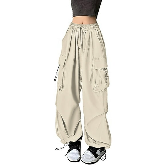 HNMKIU Womens Baggy Cargo Pants Streetwear Hop Joggers Sweatpants Drawstring Casual Loose Solid Color Wide Leg Trousers Beige-a,L