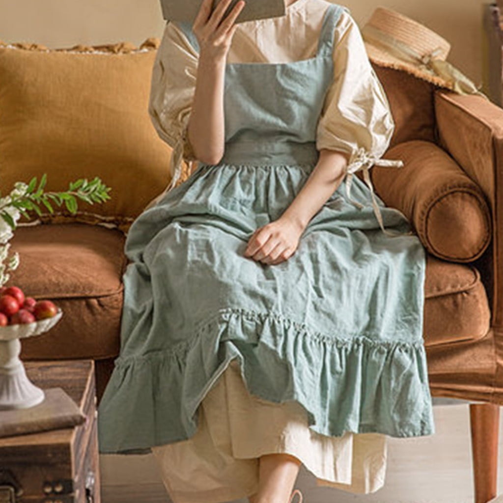 Yokua Ruffle Baking Apron Pinafore Dress Adjustable Maid Costume Apron with Pockets