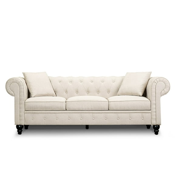 Valencia Cerna Fabric Chesterfield Three Seats Sofa | Artisinal Woven Swiss Linen-Blend, Kiln-Dried Wood, Ultimate Comfort, Beige