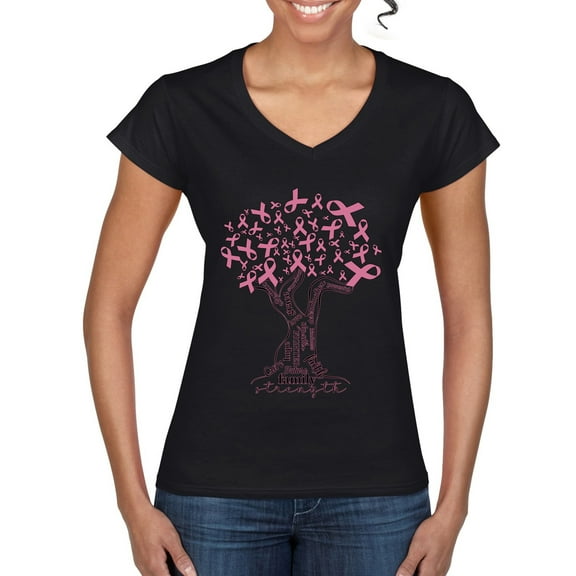 Wild Bobby Breast Cancer Awareness Pink Tree Words of Encouragement Breast Cancer Awareness Women Standard V-Neck Tee, Black, Small