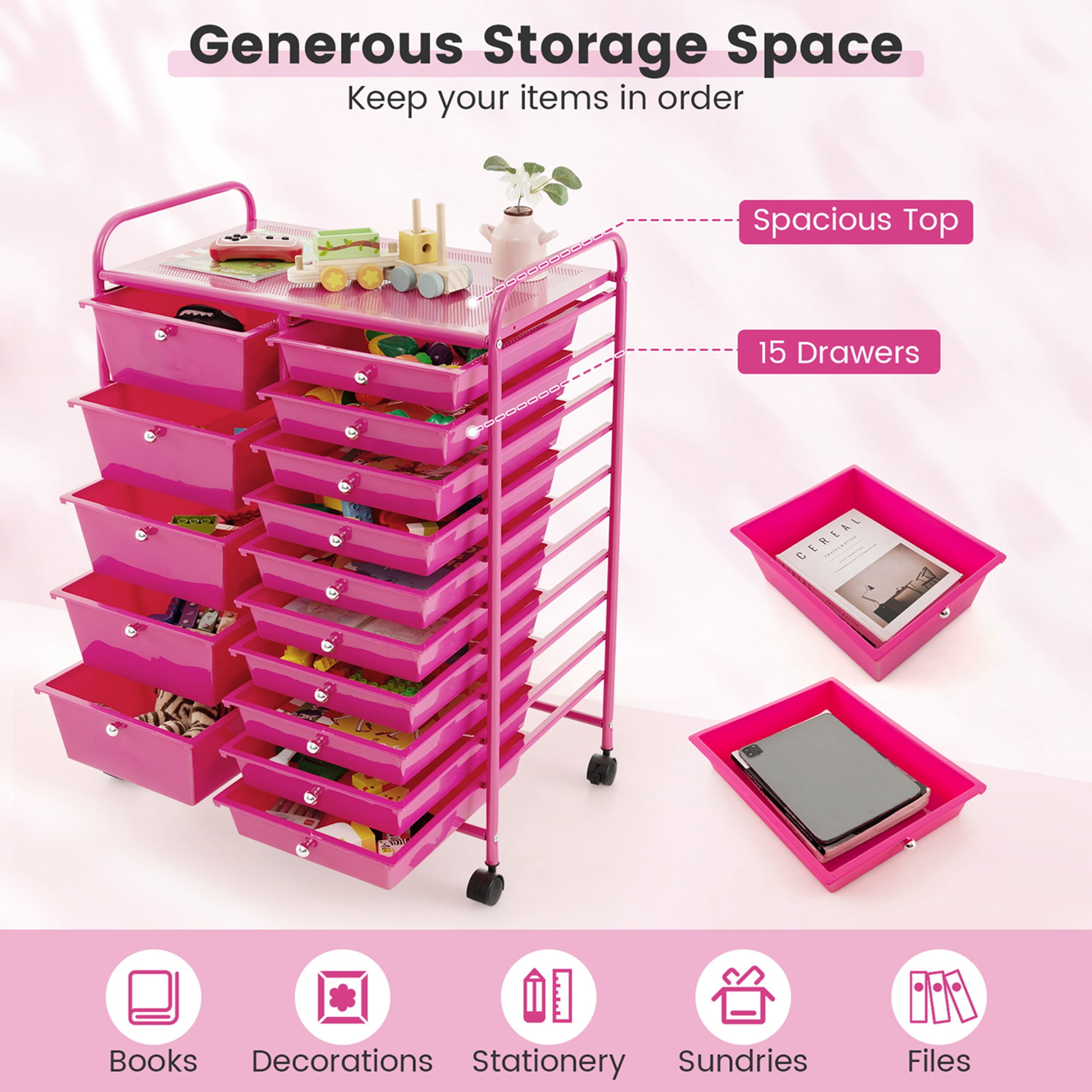 Costway 15-Drawer Rolling Storage Cart Mobile Cart with Colorful Drawers & Metal Frame Hot Pink