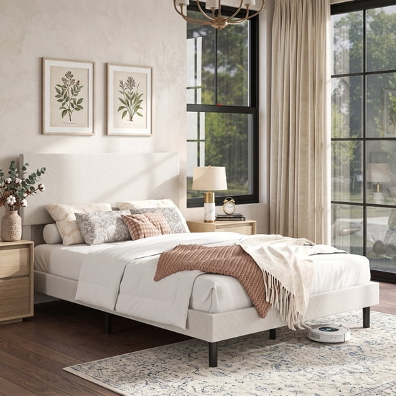 Furnibear Queen Size Bed Frame Velvet Upholstered Platform Bed Frame with Height Adjustable Chevron Headboard and Slats for Bedroom, Beige