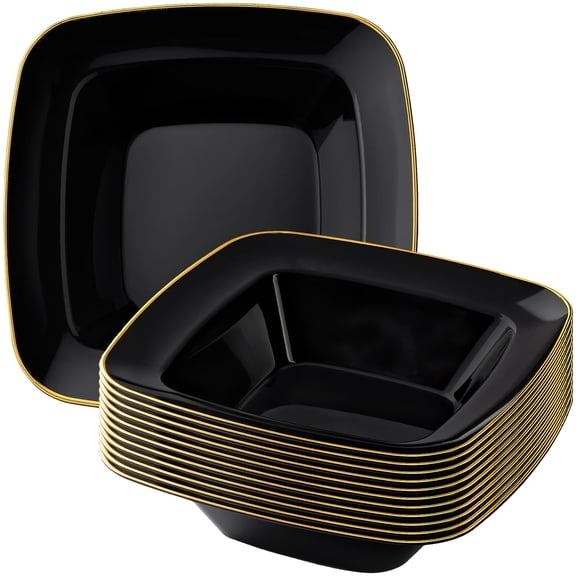 Contour Collection Elegant Black Plastic Dessert AFN1Bowls with Gold Rim - 12 oz (Pack of 10), Ideal for Parties Celebrations & Special Occasions