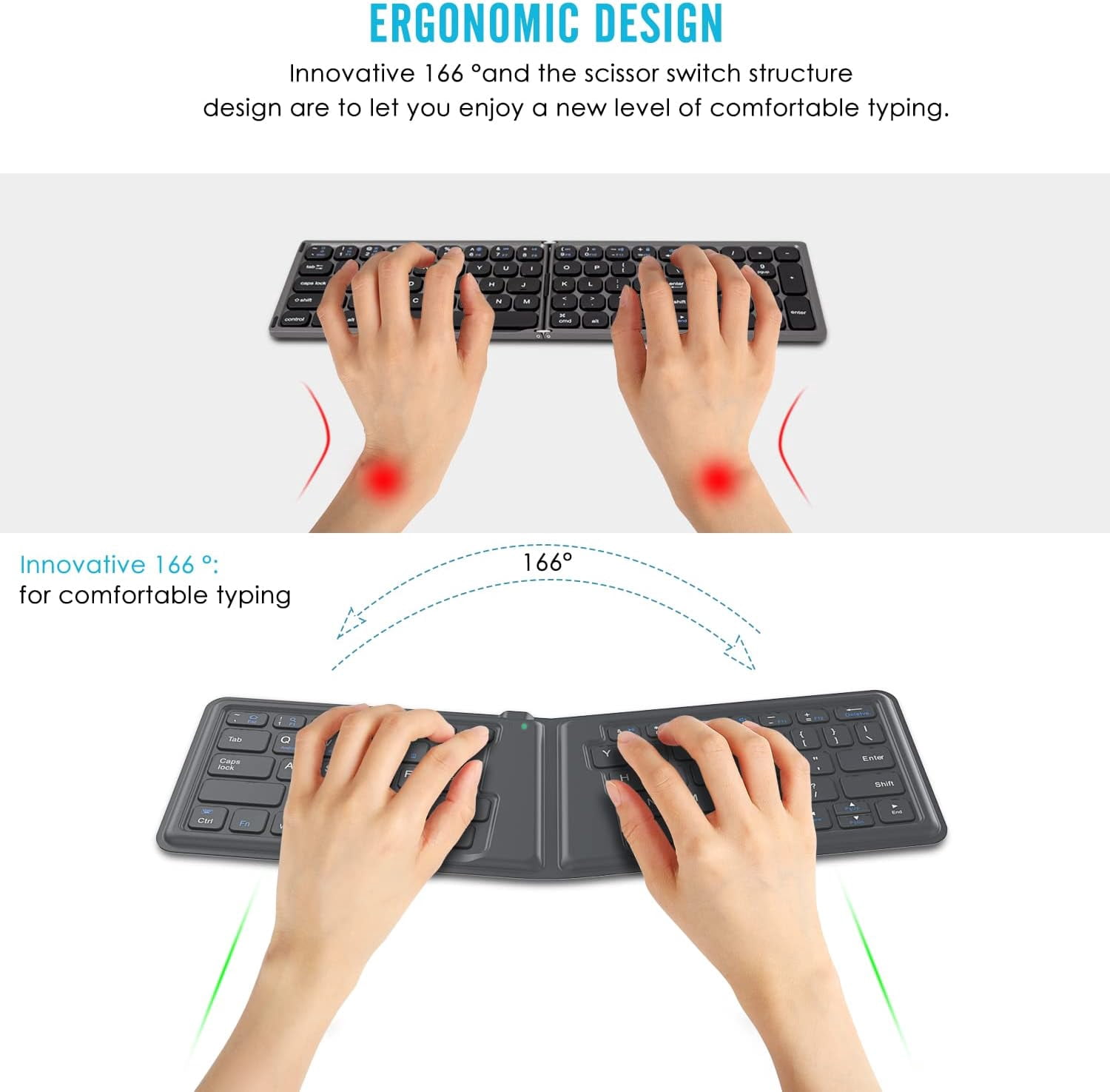 KOMI Foldable Bluetooth Keyboard, Ultra-Thin Folding Rechargeable Keyboard, Portable Wireless Keyboard for Laptop iPhone iPad, Compatible with All iOS Android Windows Tablet Smartphone Devices, Gray