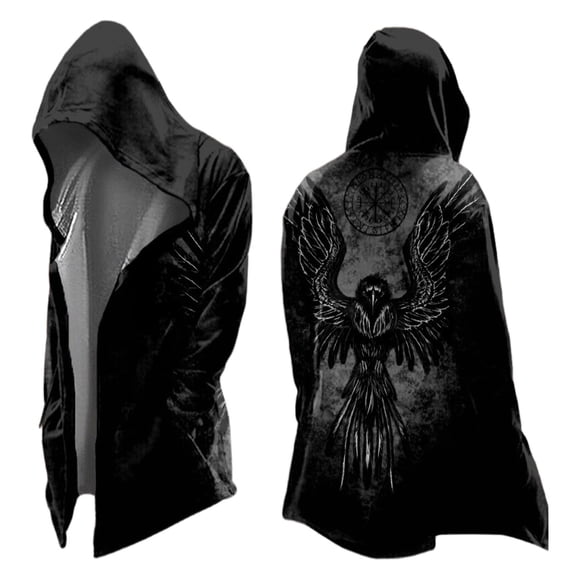 Kcolen Men Norse Viking Hooded Cardigan, Halloween Graphic Print Mid-Length Open Front Coat for Halloween Party Motorcycle Wear