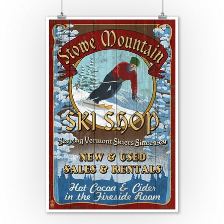 Ski Vermont Shop - Stowe Mountain, Vermont - Ski Shop Vintage Sign - Lantern Press Artwork (9x12 Art Print, Wall Decor Travel Poster)