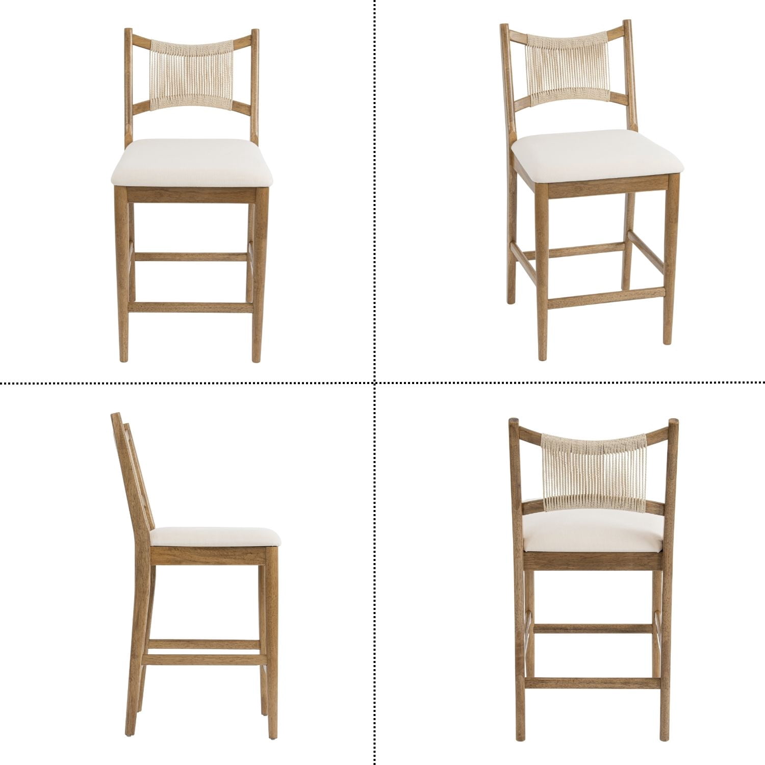 Dayalane Farmhouse Bar Stools Set of 6, 25.5" Counter Height Bar Stools with Paper Cord Woven Back and Solid Wood Frame, Chenille Upholstered Kitchen Island Chairs for Bar Restaurant Kitchen, Beige