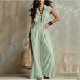 thumbnail image 6 of Costeam Womens Sleeveless Collared V Neck Full Length Jumpsuit Dual Side Slip Pockets Drawstring Cinched Elastic High Waist Lightweight Flowey Wide Leg One Piece Casual Outfit, 6 of 7