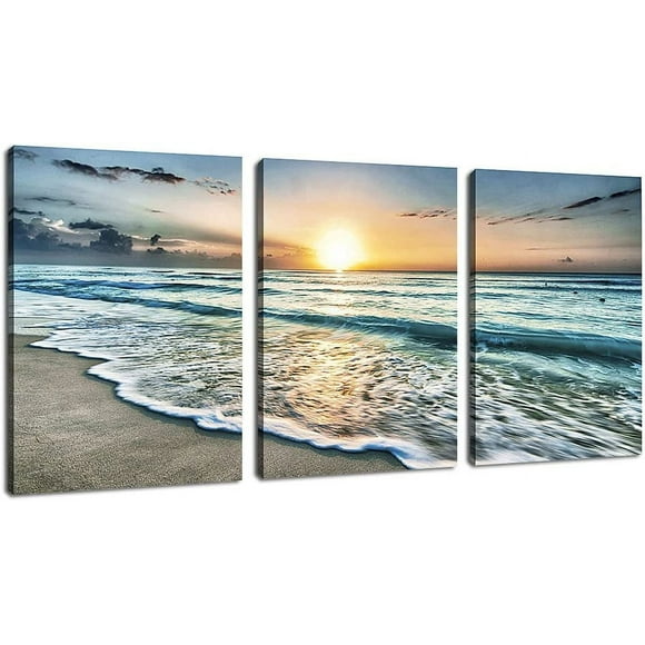 Canvas Wall Art Beach Sunset Ocean Waves Wall Decor 3 Pieces x 12x16 Modern Seascape Canvas Artwork Contemporary Nature Pictures Painting Giclee Prints Framed Ready to Hang for Home Decoration