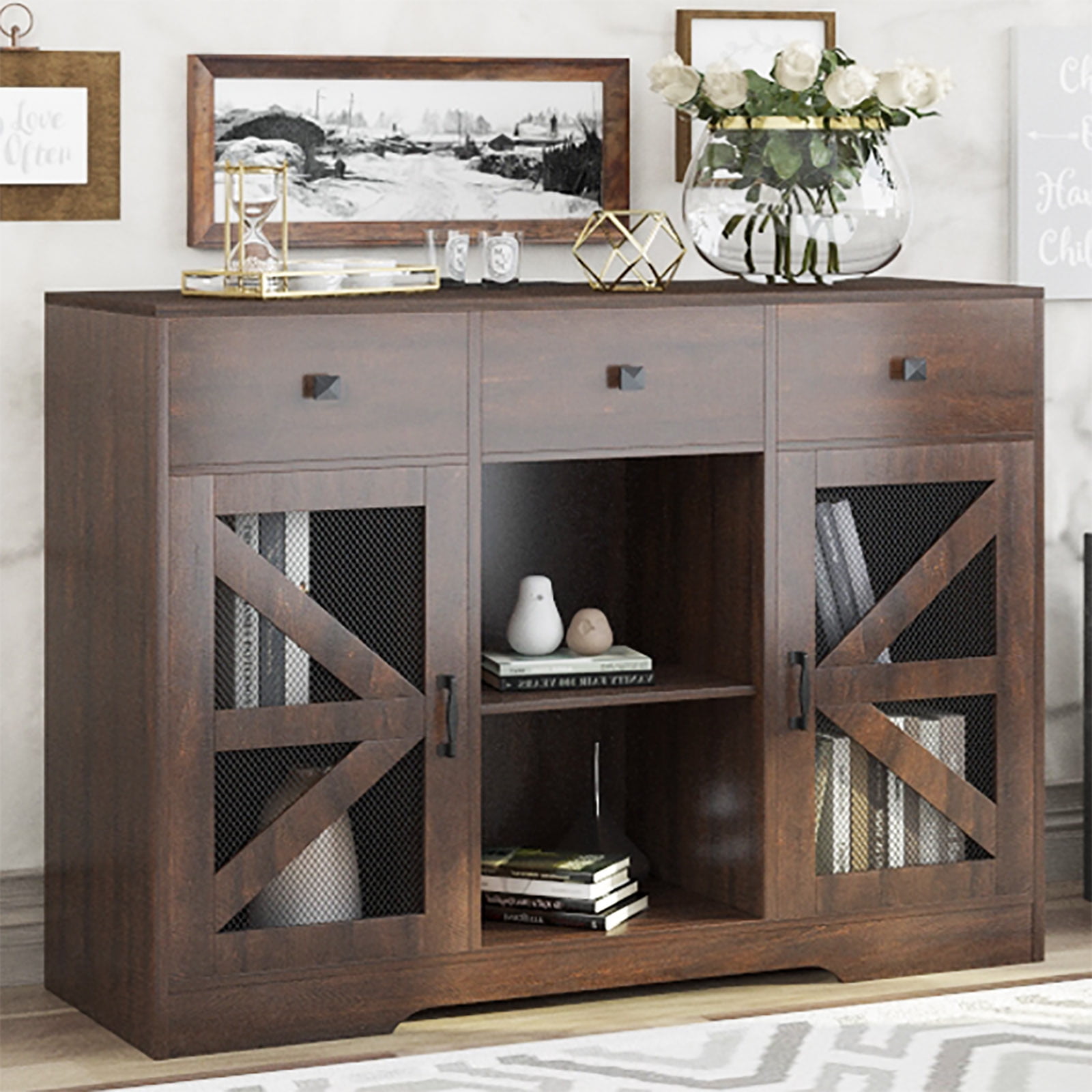 4 Layer Farmhouse Coffee Bar Cabinet with Power Outlet and Sliding Barn Door, Modern Buffet Sideboard Kitchen Storage with Adjustable Shelves(Brown)