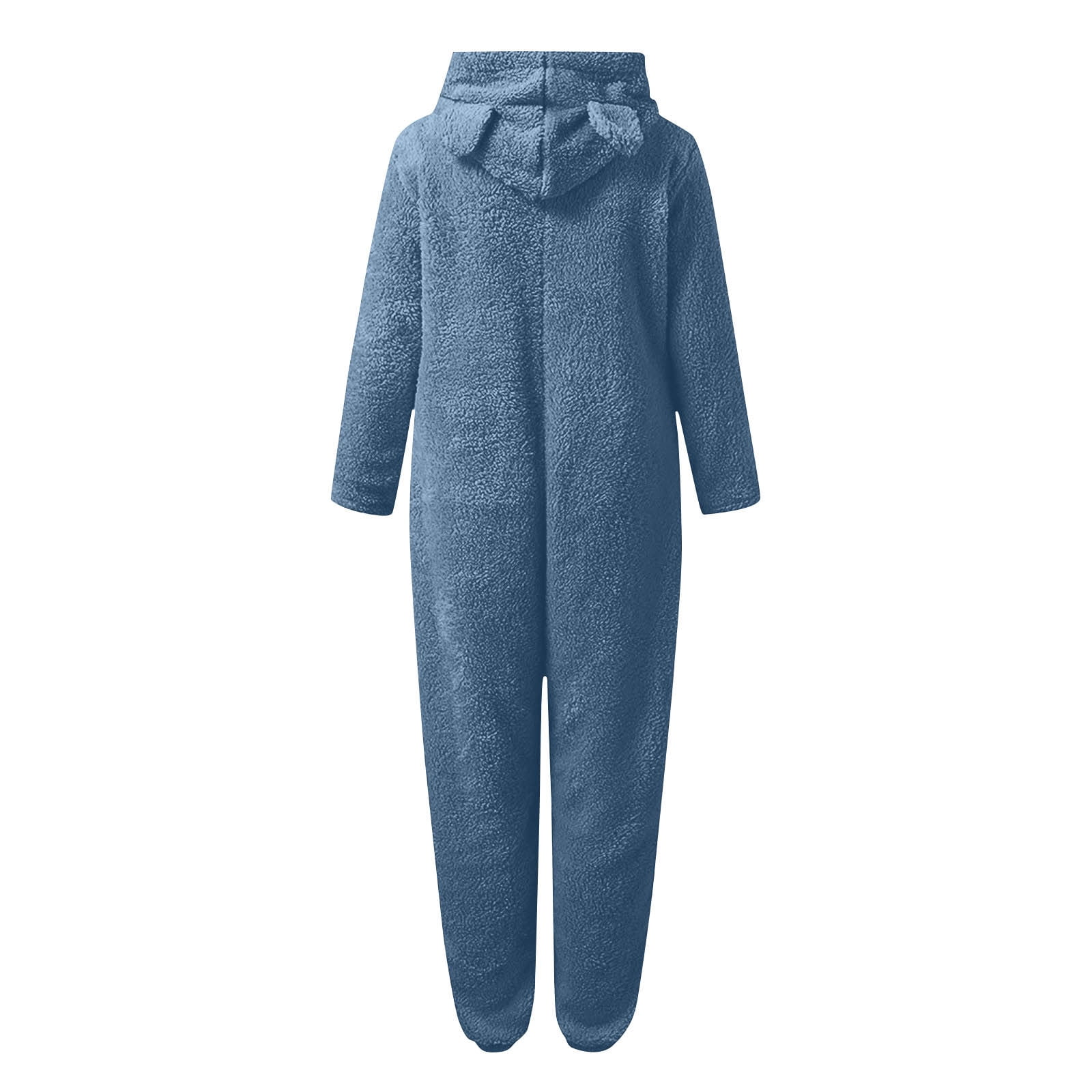 BiZtdJrK Womens Plush Hooded Jumpsuit Solid Color Sherpa Fuzzy Pajamas Long Sleeve Cute Cat One Piece Rompers Winter Warm Sleepwear Navy S