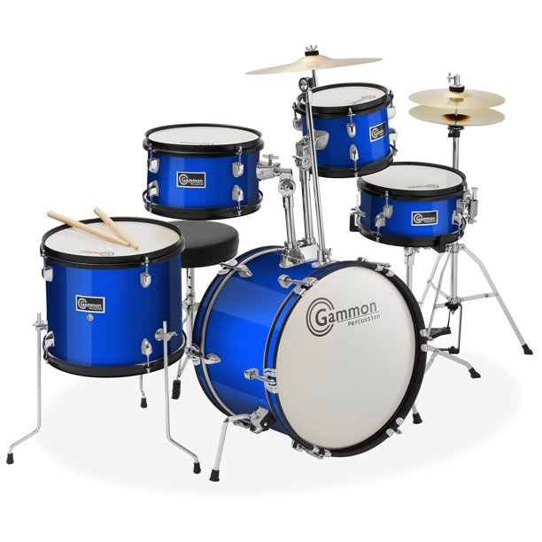 Gammon Percussion 5pc Junior Drum Set Beginner Kit with Stool & Stands Blue
