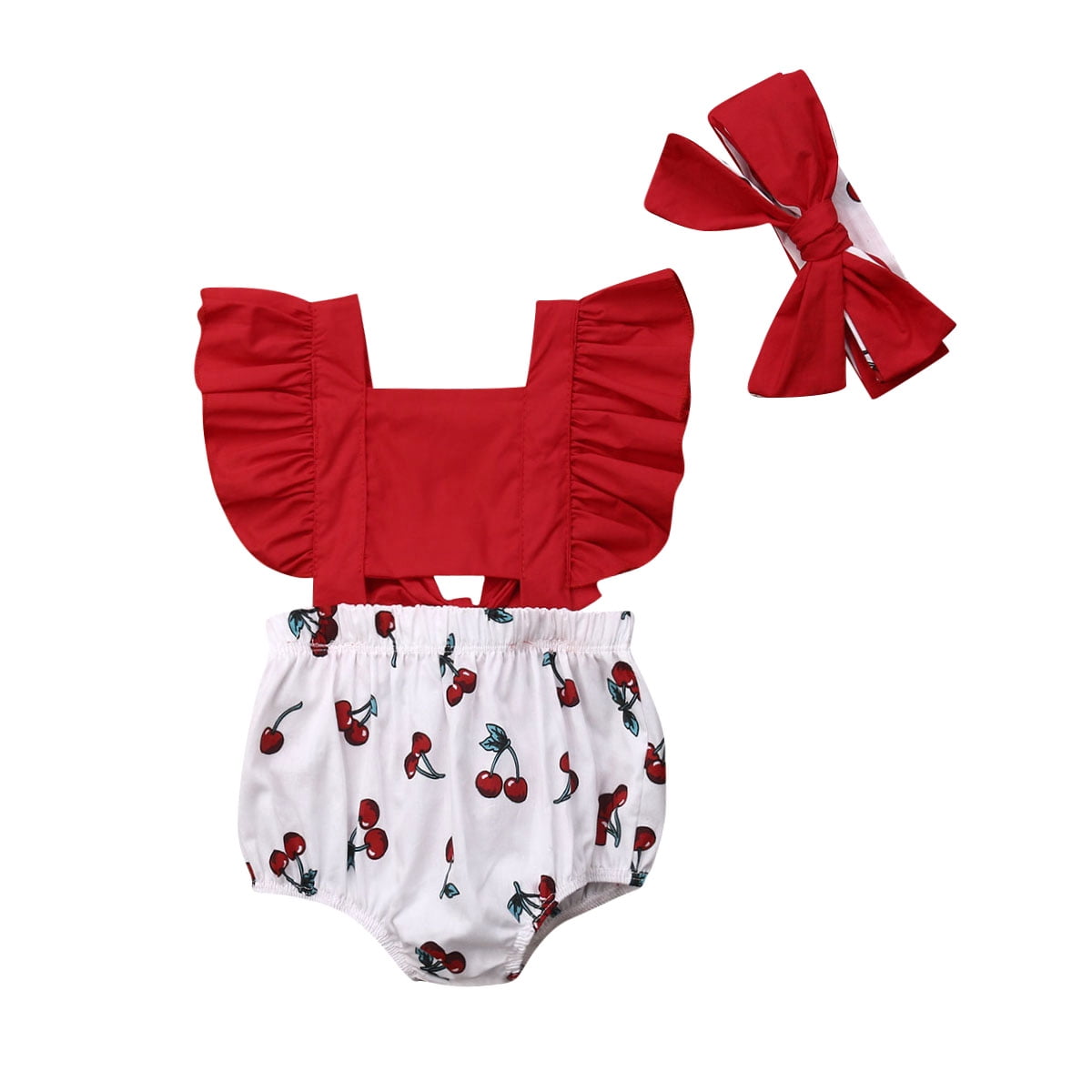 2 Pcs Newborn Baby Girl Ruffle Cherry Print Bodysuit Headband Swimsuit Summer Clothes