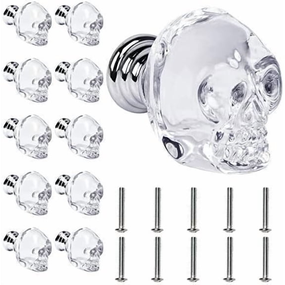 10 Pcs Crystal Glass Door Knobs, Skull Clear Glass Wardrobe Pull Knobs with Screws, Drawer Knobs Handle for Bedside Cabinet Cupboard Home Kitchen Bedroom Decor$$Tools & Hardware Other