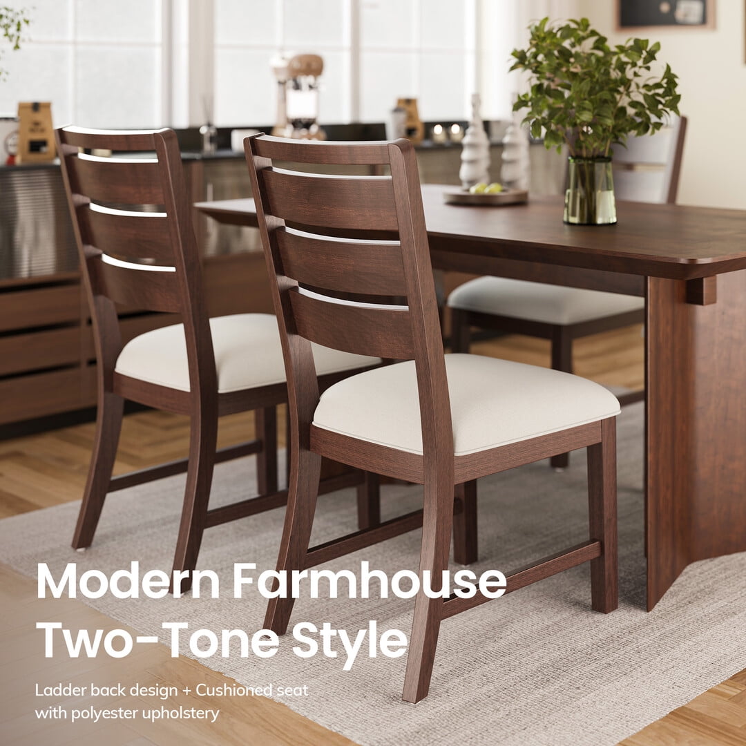 COLAMY SERA Solid Wood Dining Chair Set of 4 with Fabric Upholstered Cushion, Ladder Back Farmhouse Kitchen Chair, Modern Two-Tone Chair for Home and Restaurant, Brown