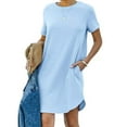 thumbnail image 2 of Ygbgbb Womens Sundresses Pleated Loose Straight Casual Midi Dresses Round Neck Solid Color Short Sleeve Dresses with Pockets Light Blue M, 2 of 7
