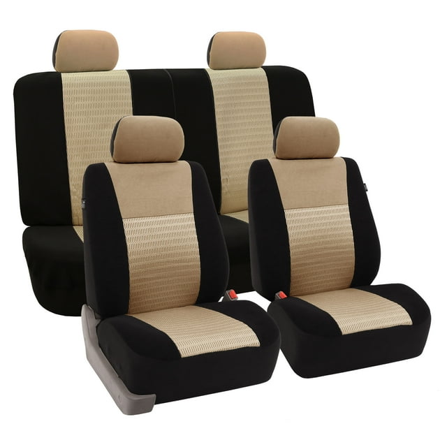 FH Group Beige Seat Covers Airbag Ready Split Bench Auto with Gray Heavy Duty Floor Mats
