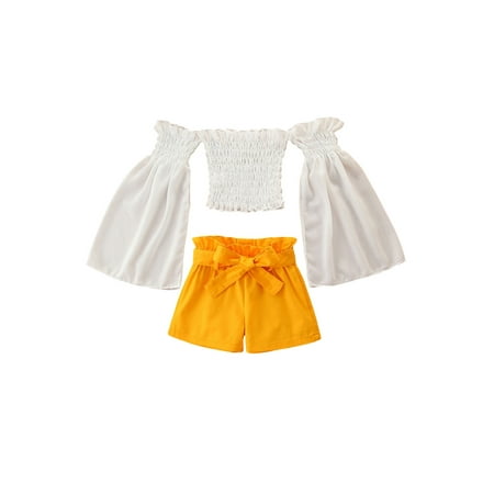 

Xingqing Kids Solid Color Off Shoulder Long Sleeve Tops+ Shorts+ Waistband