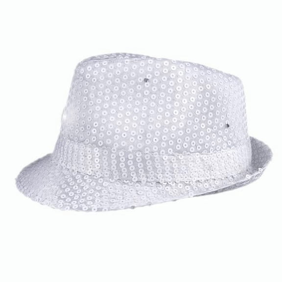Light Up LED Flashing Fedora Hat with Sequins, White