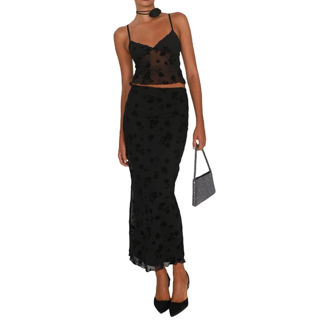 Fortune Women 2 Pieces V Neck Spaghetti Strap Flower Print Vest Wrapped Long Skirts Set