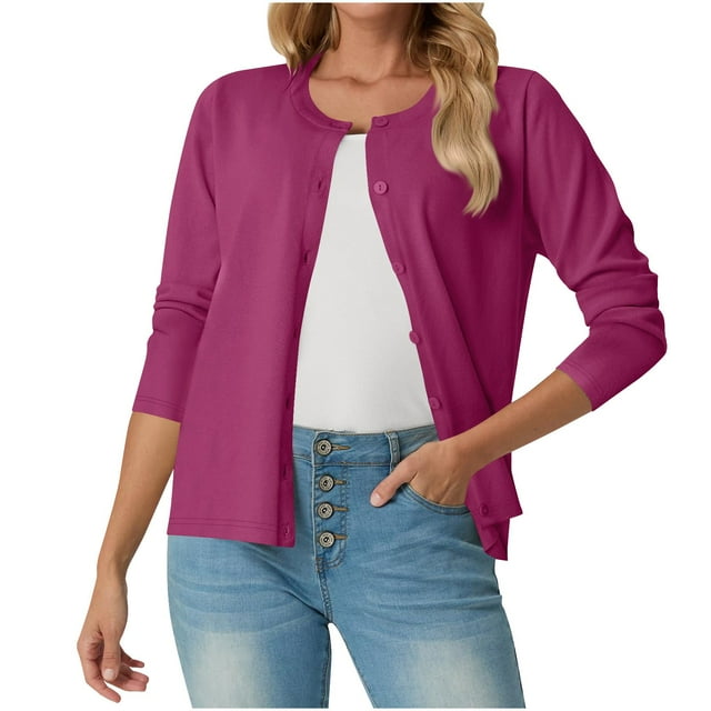 Womens Button Down Cardigans Tops Long Sleeve Light Weight Casual Cardigan Jacket Crew Neck Loose Basic Fall Outfits Purple, L