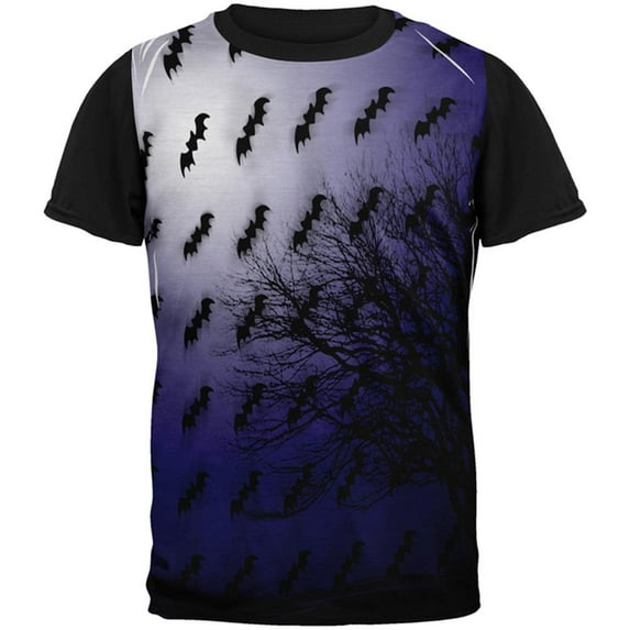 Halloween Bats in the Full Moon Light All Over Mens Black Back T Shirt Multi MD